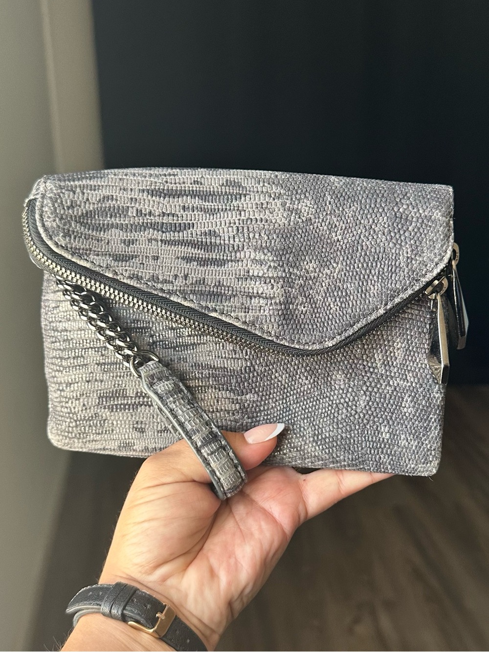 Henri Bendel "The Deb" Leather Wristlet/Clutch Asymmetrical Flap- Snake Print